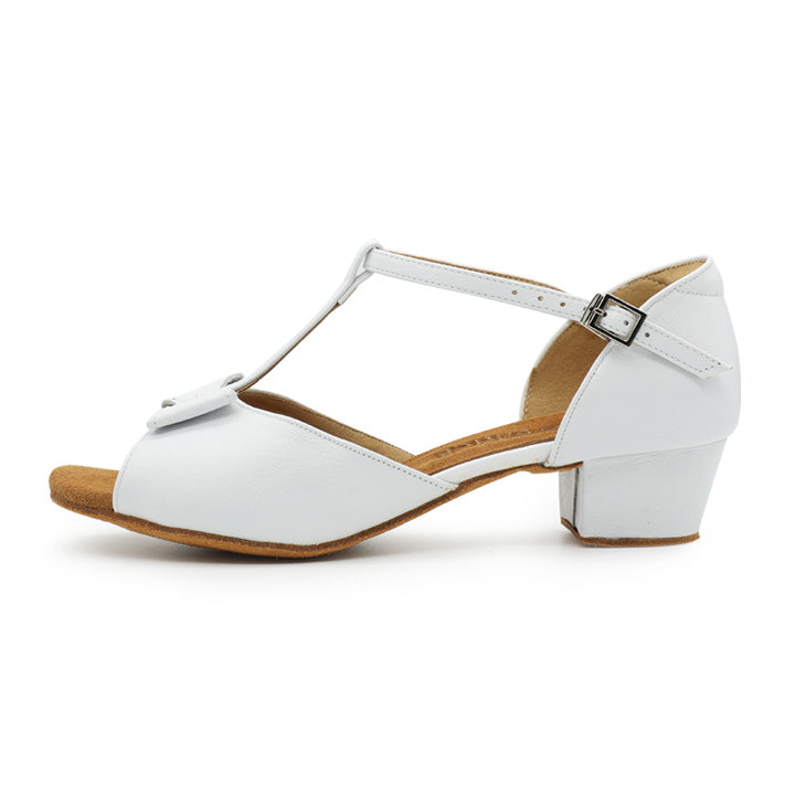 BD Dance Girls Latin Dance Sandals White Leather Ballroom Practice Shoes with Ankle Strap Low Block Heel #617