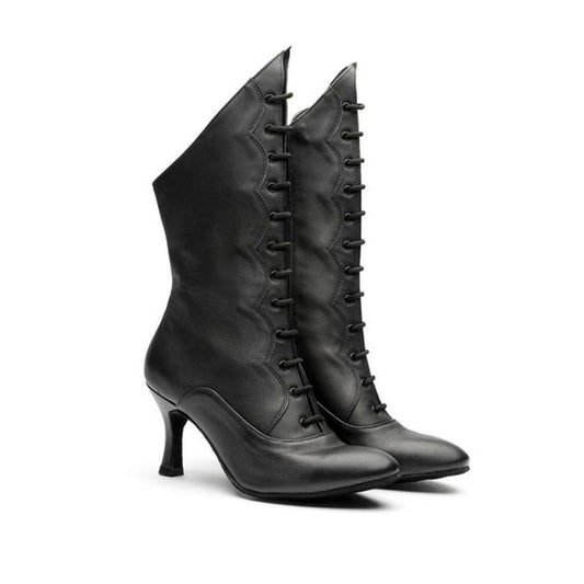BD Dance Victorian Style Lace-Up Boots Leather Mid-Calf Length High Heel Gothic Dress Boots for Women Latin Dance Shoes Practice #T61