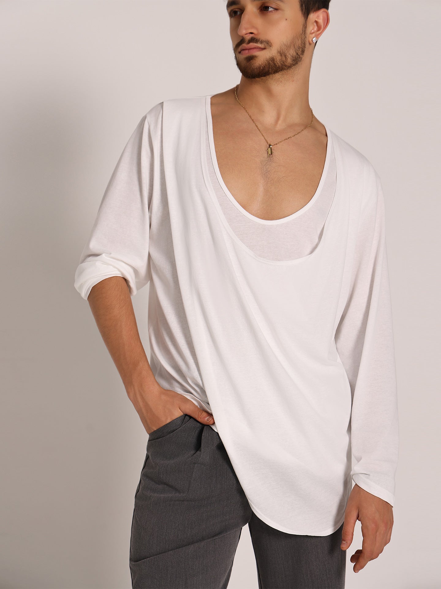 UDANCE Men's Clothing Long Sleeve T-shirt U Collar Latin Dancewear Performance Practice Top Breathable Activwear Top for Men A54
