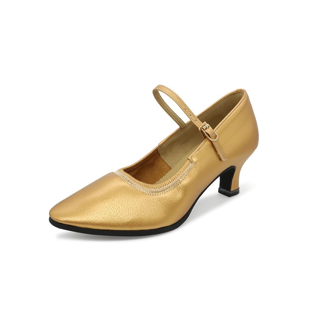 BD Dance Women's Ballroom Dance Shoes Latin Jazz Waltz Dancing Mary Jane Dance Shoes Low Kitten Heel Gold #107, 4.5-11