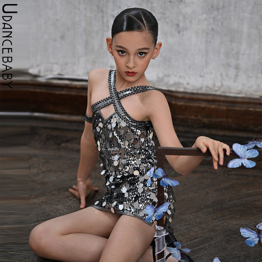 Udance【Glitter】Professional Latin Dance Competition Dress with Sparkle Performance Skirt US38