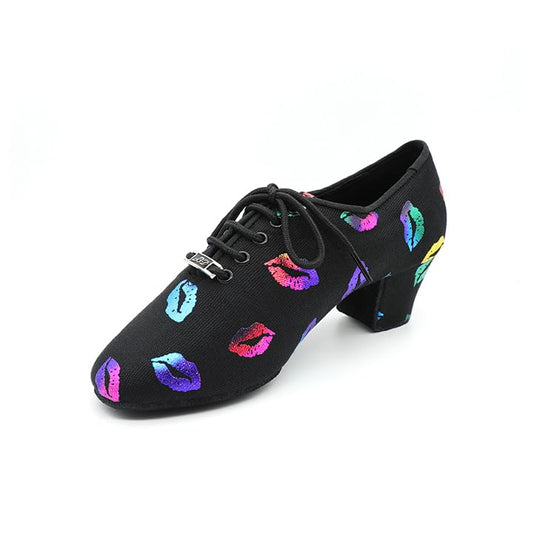 BD Dance Women's Latin Dance Shoes Jazz Salsa Performance Oxford with Colorful Lip Print Pattern Professional Ballroom Dancing #T1-B