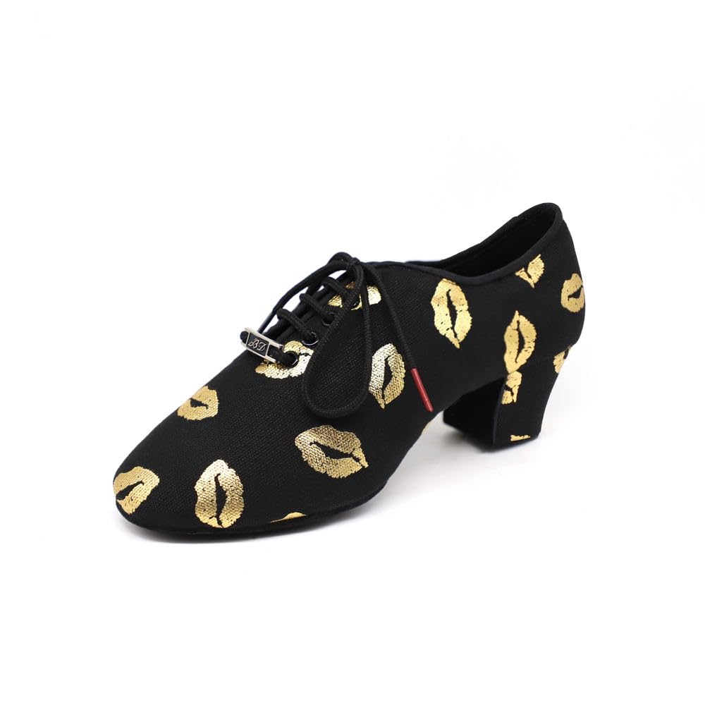 BD Dance Women's Latin Dance Shoes Gold Kiss Print Pattern Teaching Jazz Tango Salsa Oxford Professional Ballroom Dancing Footwear #T1-B