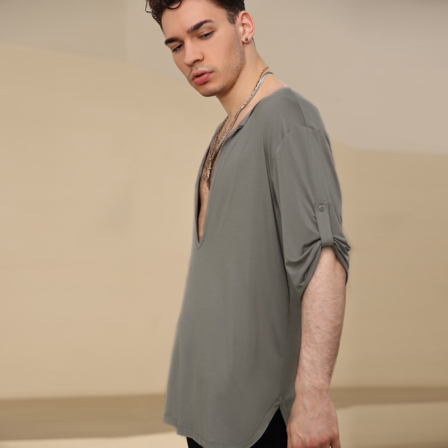 UDANCE Professional Standard Ballroom Men's Latin Dance Shirt Eco-Friendly Recycled Deep V-Neck Short Sleeve T-Shirt for Men A26