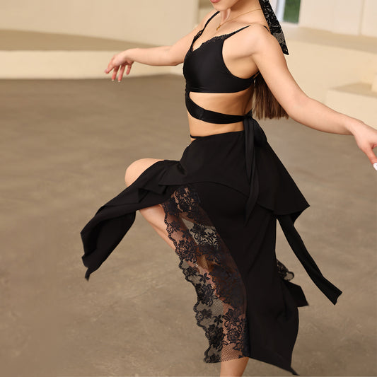 UDANCE Wholesale Professional Latin Dance Skirts Ladies Performance Salsa Dancing Dress Black Sexy Lace Athletic Women's Skirt A12
