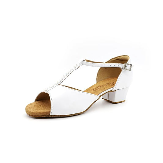 BD Dance Girl's Latin Dance Shoes Peep Toe Sandals Ballroom Jazz Waltz Dancing Practice for Kids White Leather, Low Heel, #601