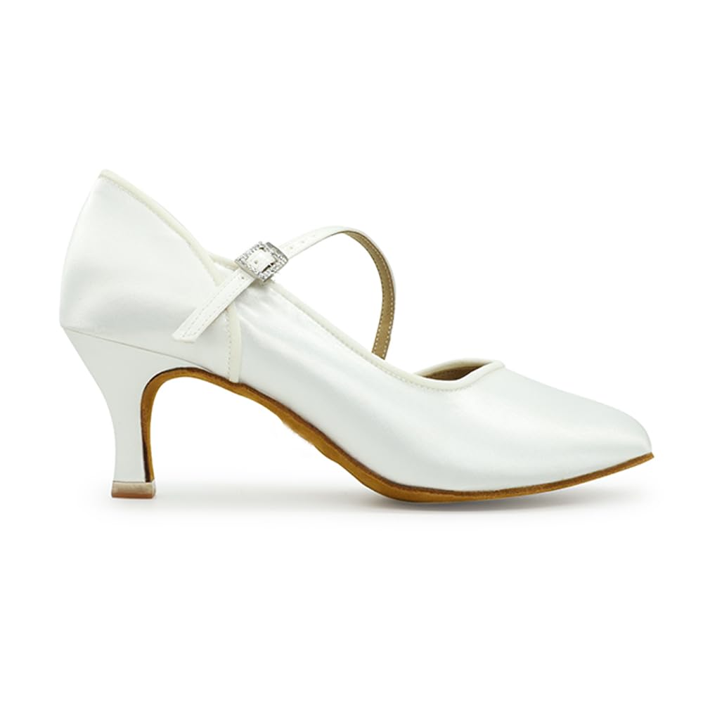 BD Dance Women's Ballroom Latin Dance Shoes Elegant Dancing Wedding Shoes Mary Jane Style Kitten Heel White Satin #1306, 4.5-11