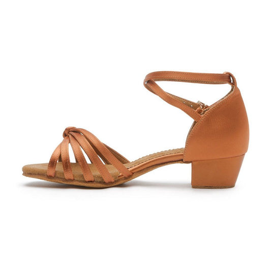 BD Dance Professional Girl's Latin Dance Sandals Children Performance Ballroom Shoes with Ankle Strap for Kids Practice Dancing Tan Satin #606