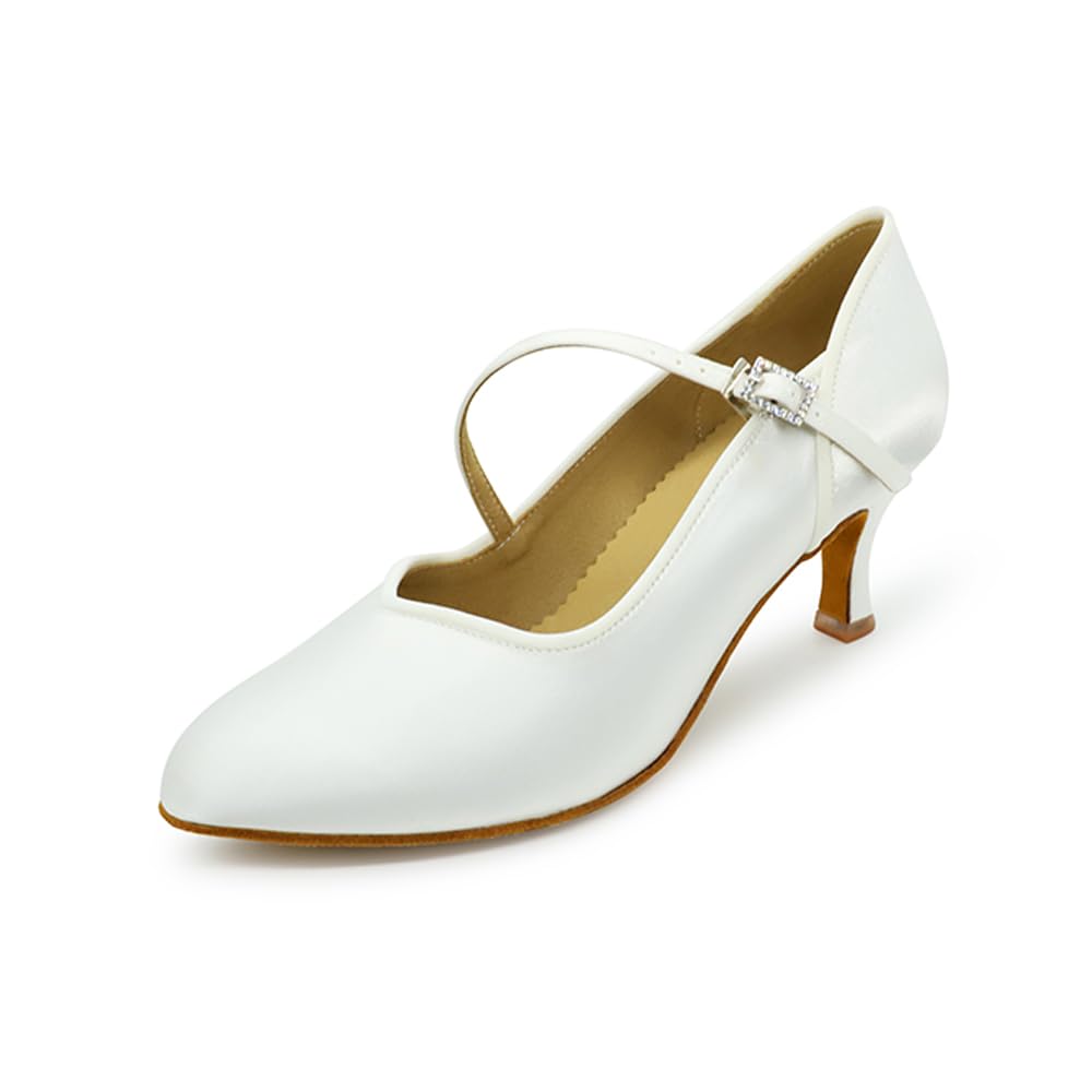 BD Dance Women's Ballroom Latin Dance Shoes Elegant Dancing Wedding Shoes Mary Jane Style Kitten Heel White Satin #1306, 4.5-11