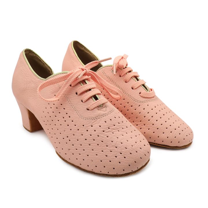 BD Dance Women's Practice Latin Dance Shoes Mesh Perforated Design Professional Ballroom Dancing Oxford Performance Pink Leather #T1-B