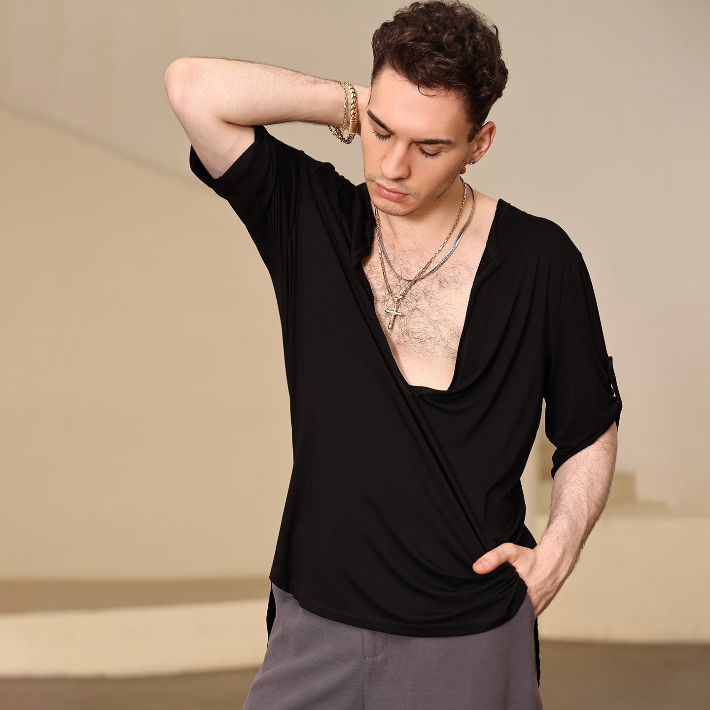 UDANCE Professional Standard Ballroom Men's Latin Dance Shirt Eco-Friendly Recycled Deep V-Neck Short Sleeve T-Shirt for Men A26