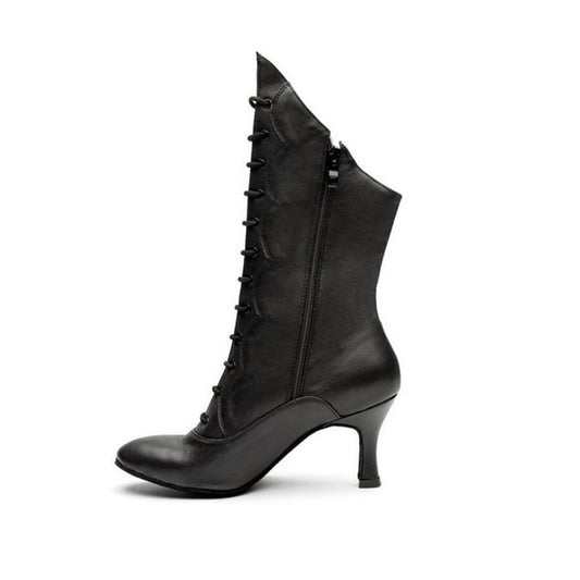 BD Dance Victorian Style Lace-Up Boots Leather Mid-Calf Length High Heel Gothic Dress Boots for Women Latin Dance Shoes Practice #T61