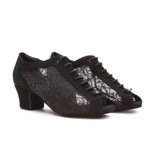 BD Dance Women's Latin Dance Shoes Black Suede with Mesh Floral Lace Practice Oxford Ballroom Dancing Salsa Bachata Shoes #T45