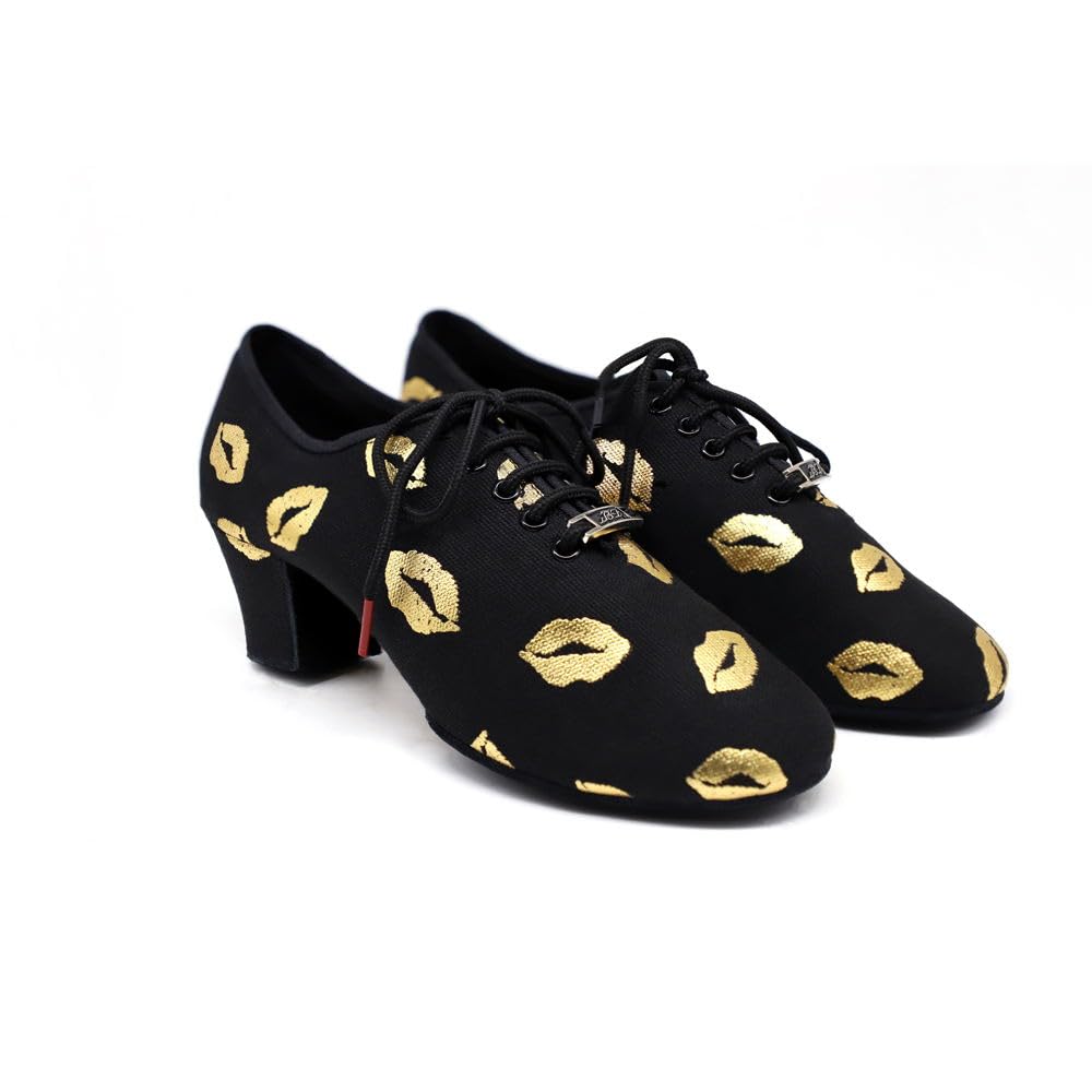 BD Dance Women's Latin Dance Shoes Gold Kiss Print Pattern Teaching Jazz Tango Salsa Oxford Professional Ballroom Dancing Footwear #T1-B