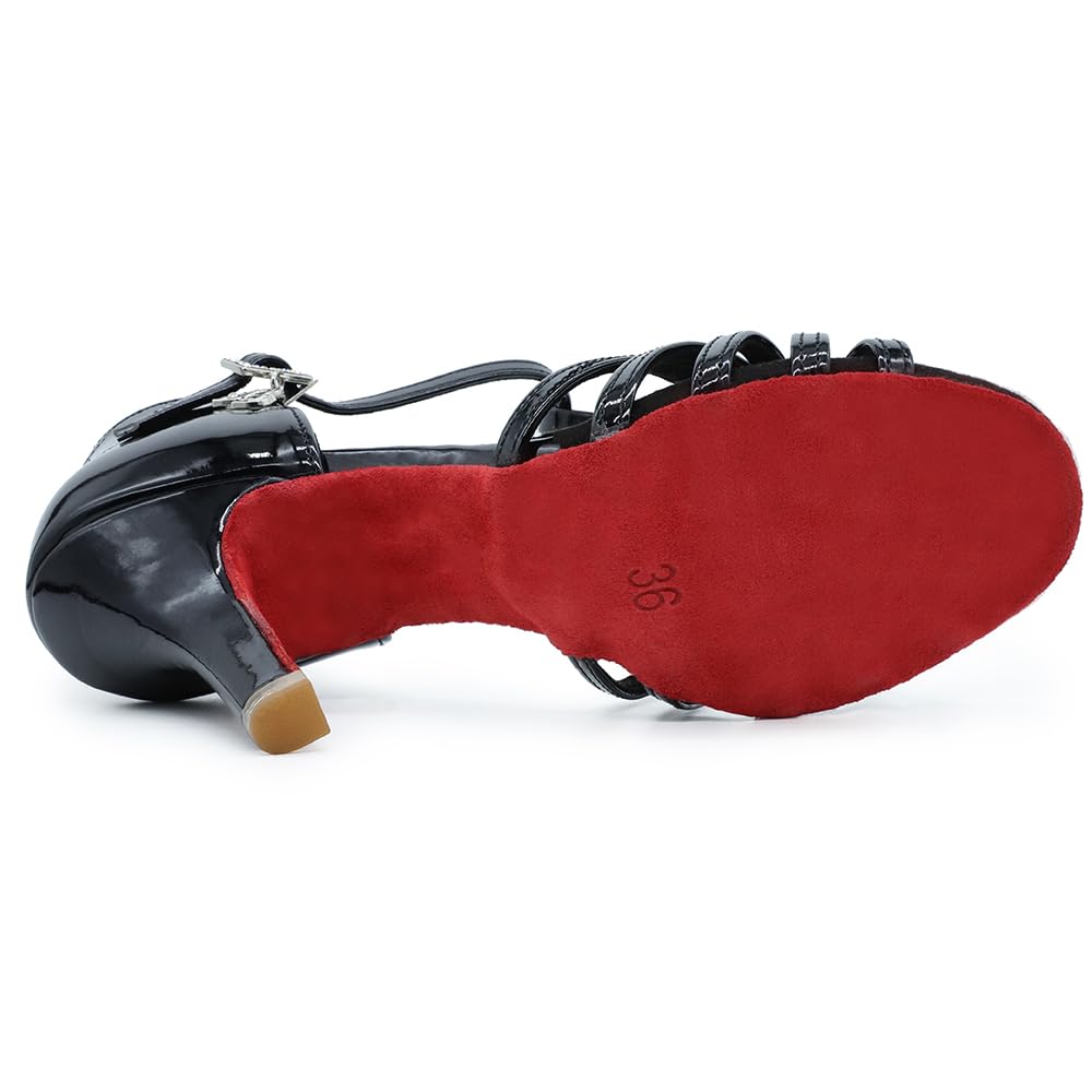 BD Dance Professional Women's Latin Dance Sandals Performance Ballroom Salsa Shoes Patent Leather Black and Red Sole #217, 4.5-11