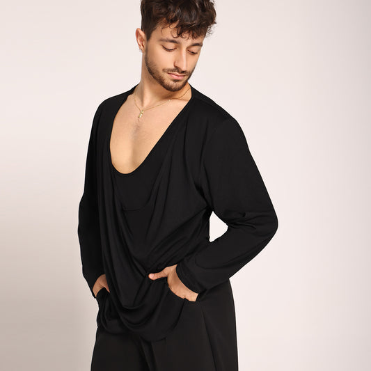 UDANCE Men's Clothing Long Sleeve T-shirt U Collar Latin Dancewear Performance Practice Top Breathable Activwear Top for Men A54