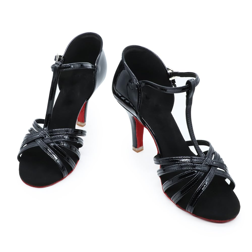 BD Dance Professional Women's Latin Dance Sandals Performance Ballroom Salsa Shoes Patent Leather Black and Red Sole #217, 4.5-11