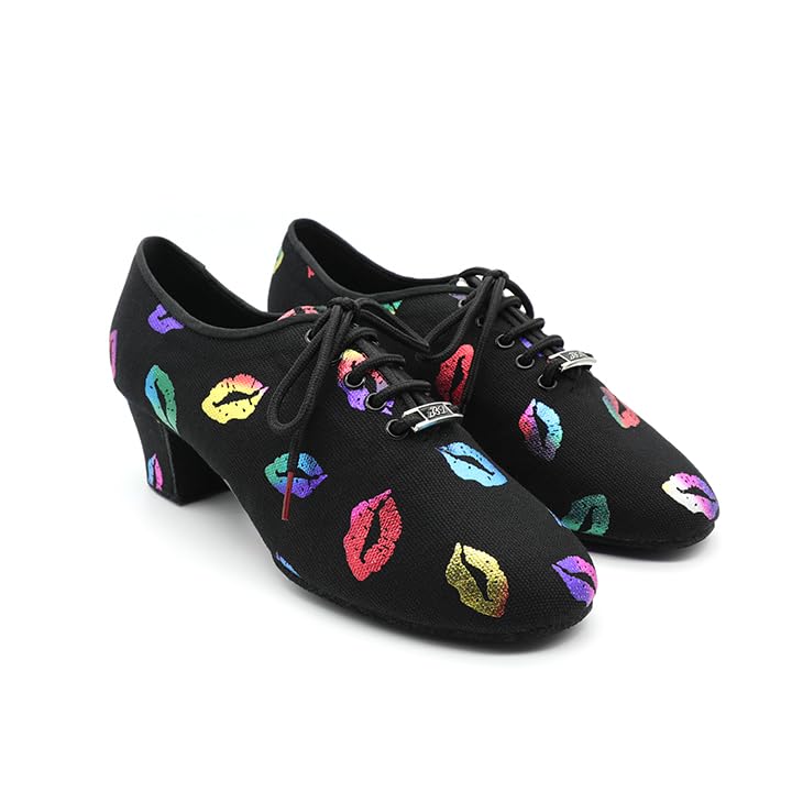 BD Dance Women's Latin Dance Shoes Jazz Salsa Performance Oxford with Colorful Lip Print Pattern Professional Ballroom Dancing #T1-B