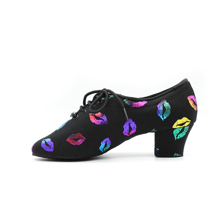 BD Dance Women's Latin Dance Shoes Jazz Salsa Performance Oxford with Colorful Lip Print Pattern Professional Ballroom Dancing #T1-B