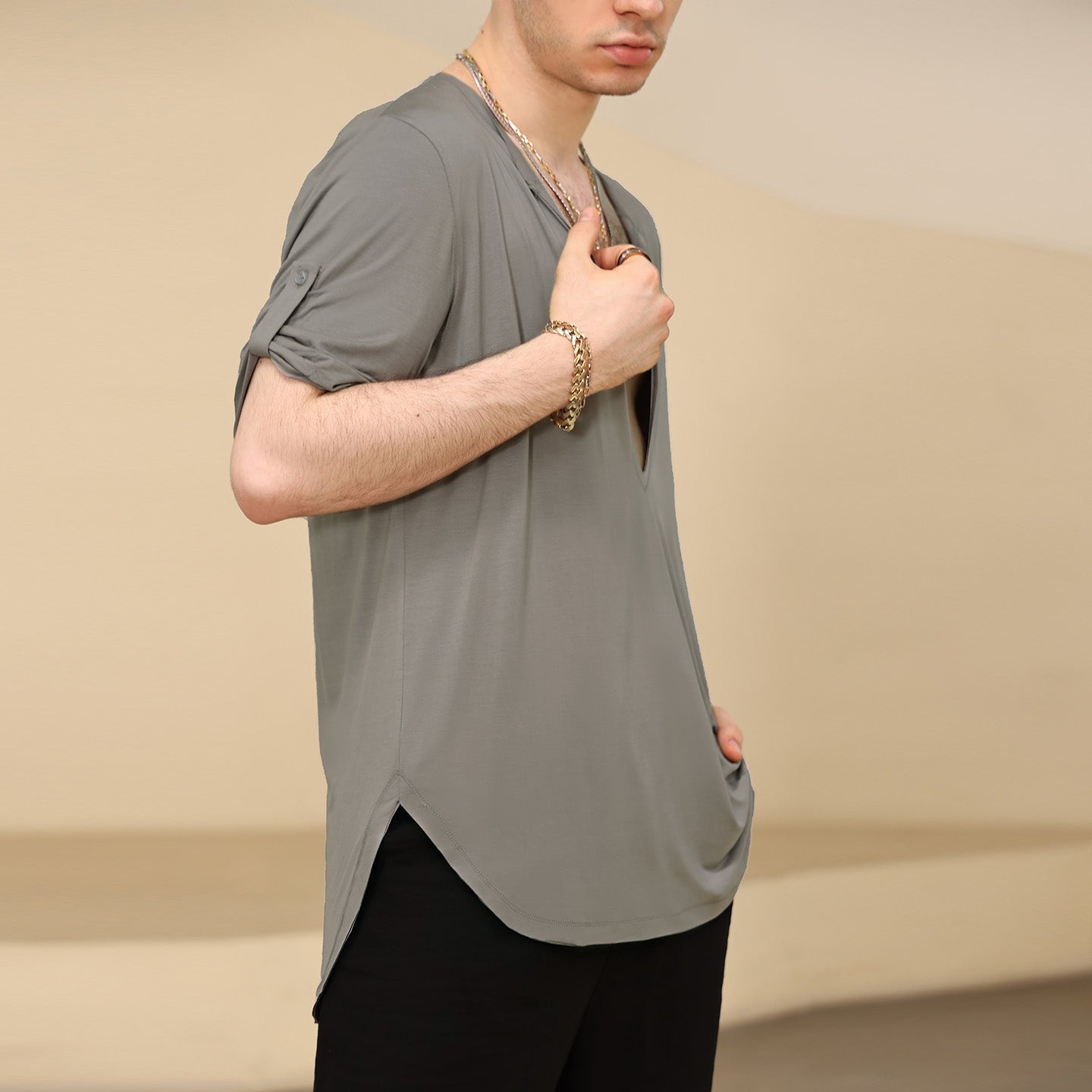 UDANCE Professional Standard Ballroom Men's Latin Dance Shirt Eco-Friendly Recycled Deep V-Neck Short Sleeve T-Shirt for Men A26