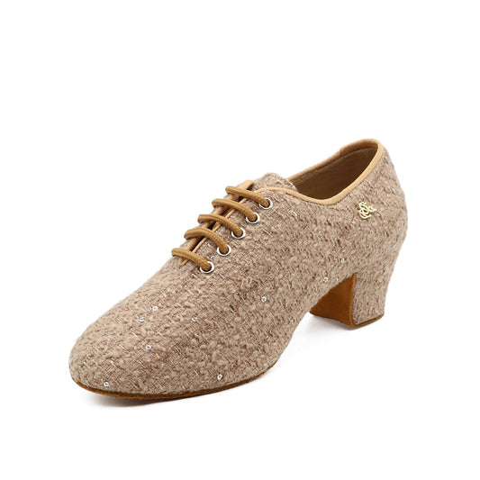 BD Dance Professional Latin Dance Shoes for Women Tweed Oxford with Sequin Ballroom Performance and Practice Stage Shoes #T1-B