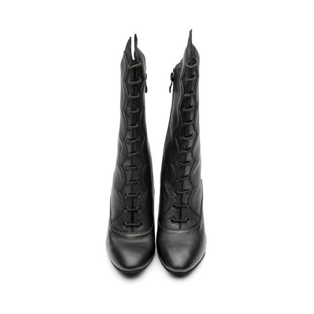 BD Dance Victorian Style Lace-Up Boots Leather Mid-Calf Length High Heel Gothic Dress Boots for Women Latin Dance Shoes Practice #T61