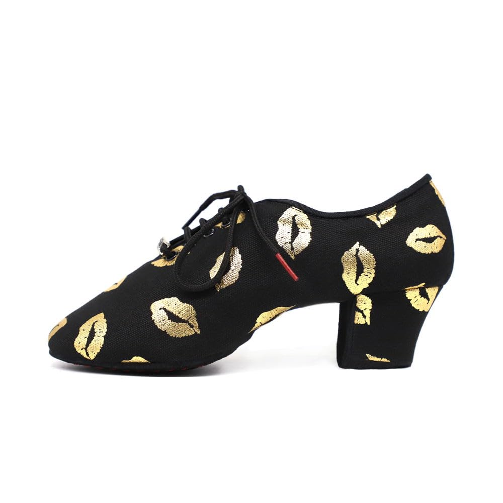 BD Dance Women's Latin Dance Shoes Gold Kiss Print Pattern Teaching Jazz Tango Salsa Oxford Professional Ballroom Dancing Footwear #T1-B