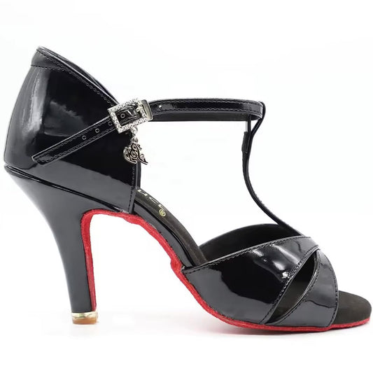 BD Dance Women's Latin Dance Shoes Performance Red Heeled Sandals Practice Salsa Jazz Ballroom Dancing Black Leather #2358