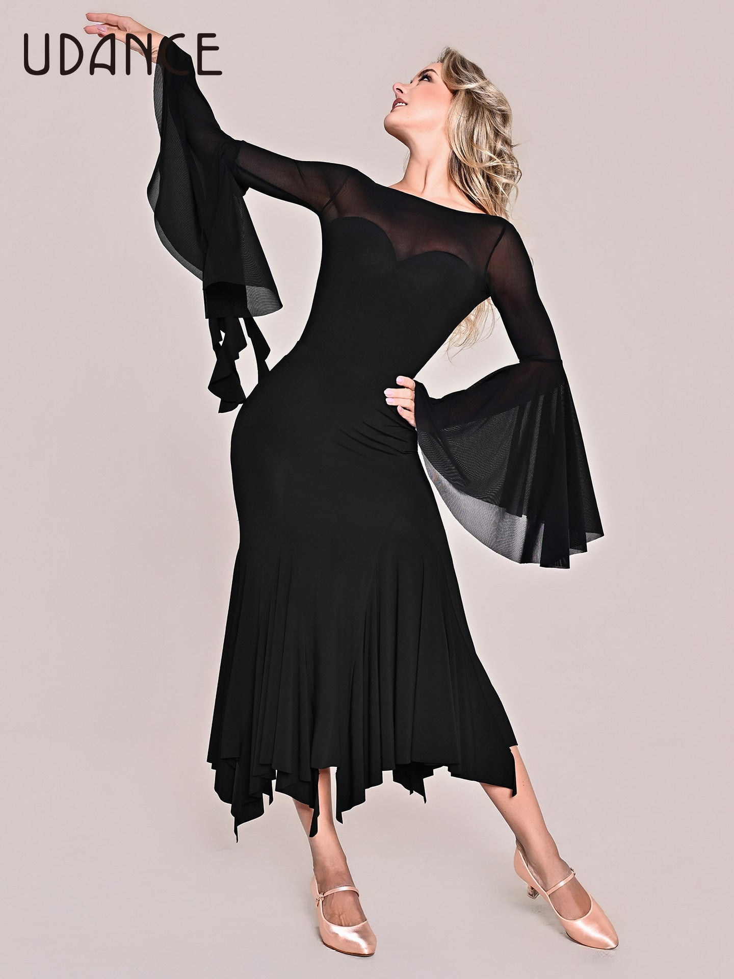 UDANCE 2026 Women's Ballroom Jumpsuit Mesh Ruffle Sleeve Leotard AMD11