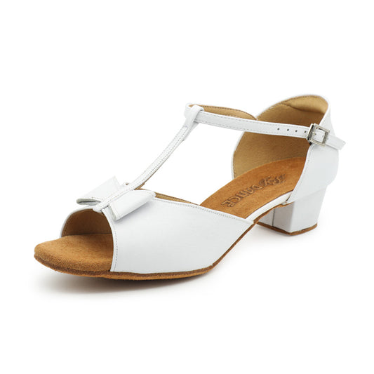 BD Dance Girls Latin Dance Sandals White Leather Ballroom Practice Shoes with Ankle Strap Low Block Heel #617