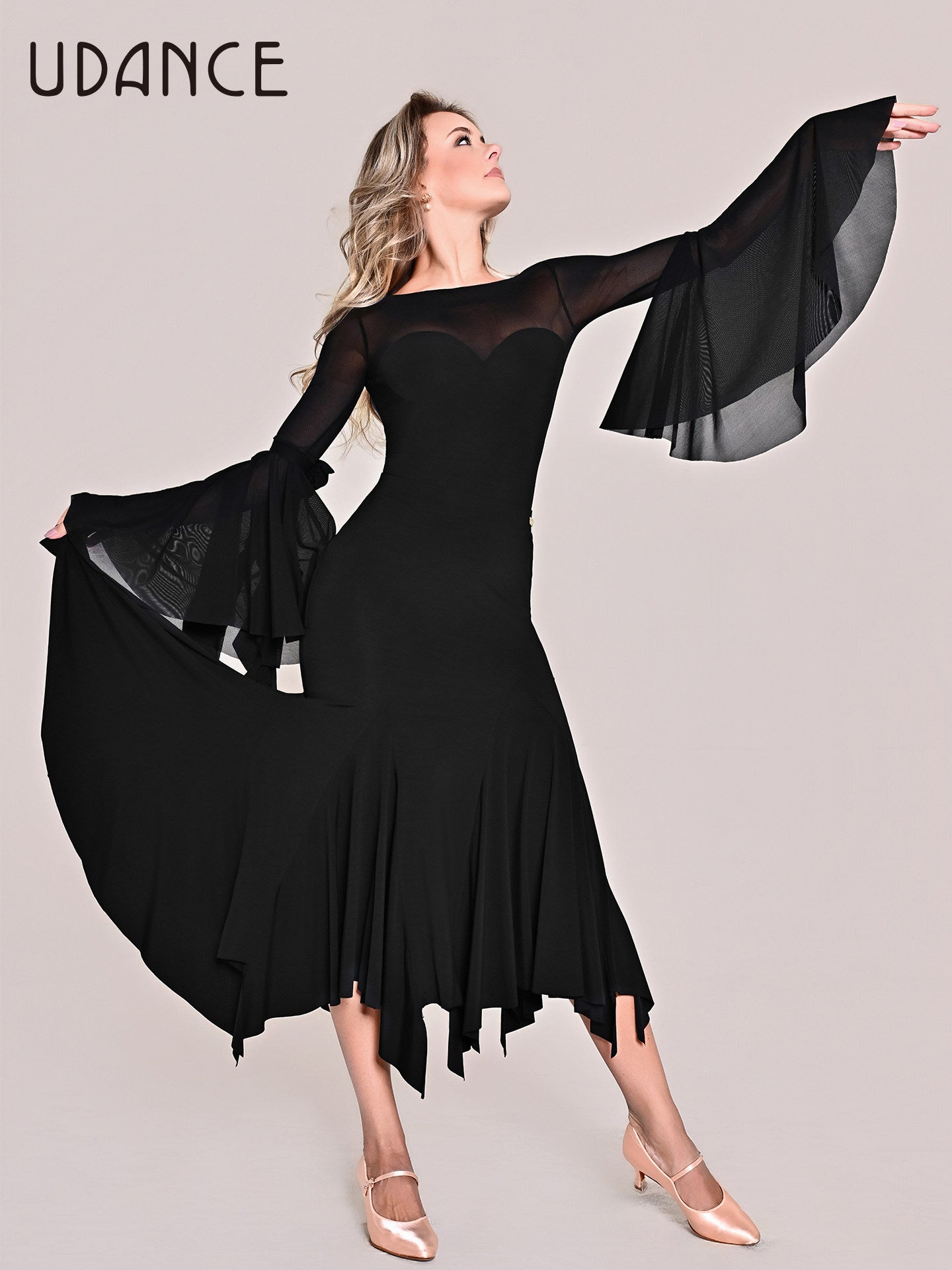 UDANCE 2026 Women's Ballroom Jumpsuit Mesh Ruffle Sleeve Leotard AMD11
