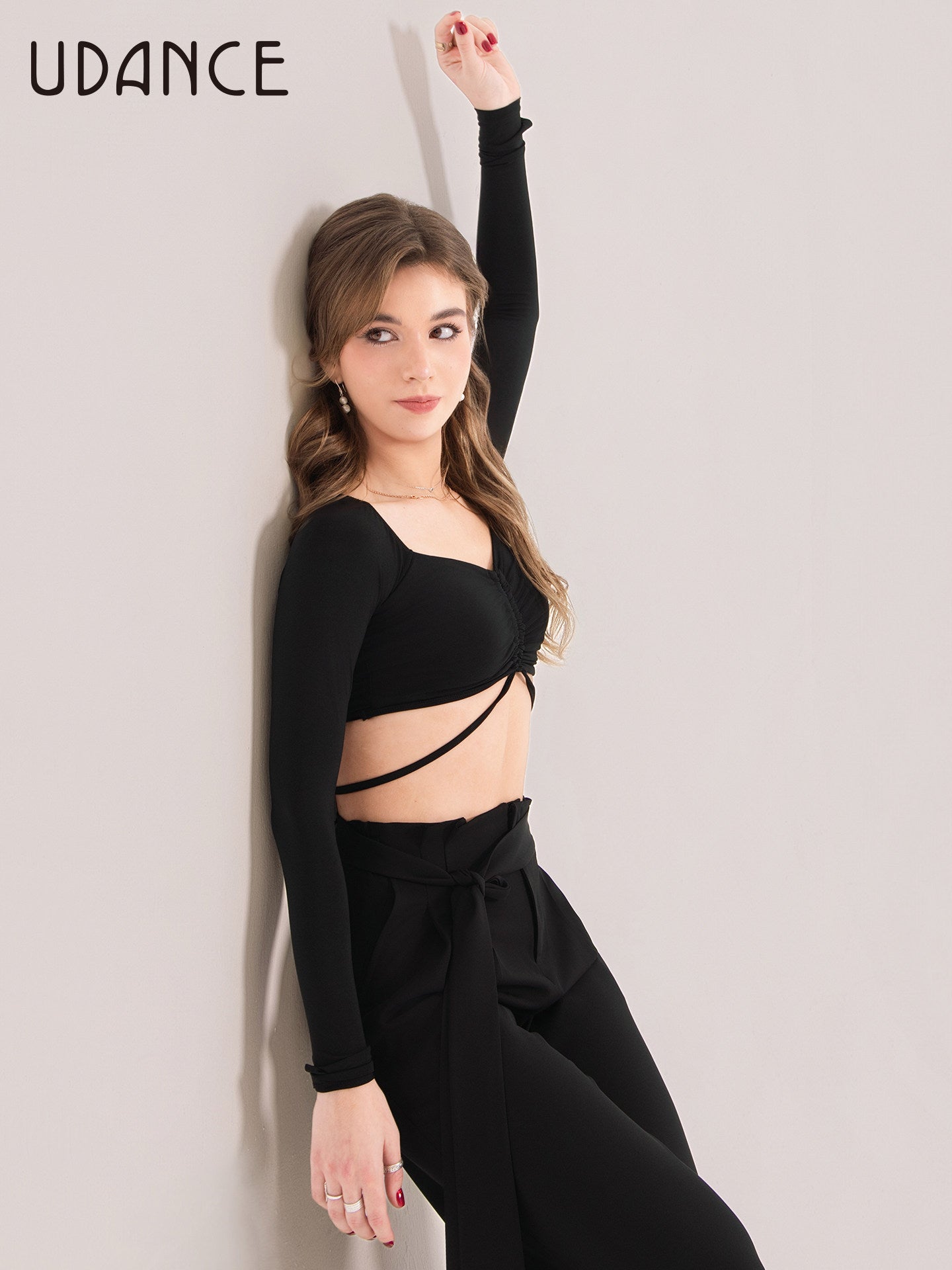 UDANCE Women's Ballroom Dance Tops Open Back Long Sleeve Crop Top AMD01