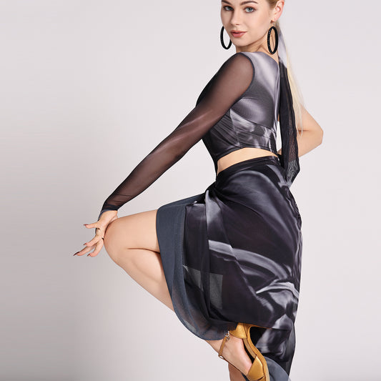 UD 2025 New Arrival Long Sleeve Professional Latin Dance Skirt Stage Performance Dancewear Crop Single Shoulder Dress for Women A39