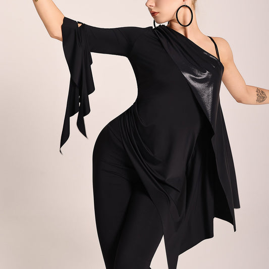 UDANCE 2025 Professional Women's Latin Dance Dress Practice Dress Long Sleeve Single Shoulder Asymmetric Women's Athletic Top A38