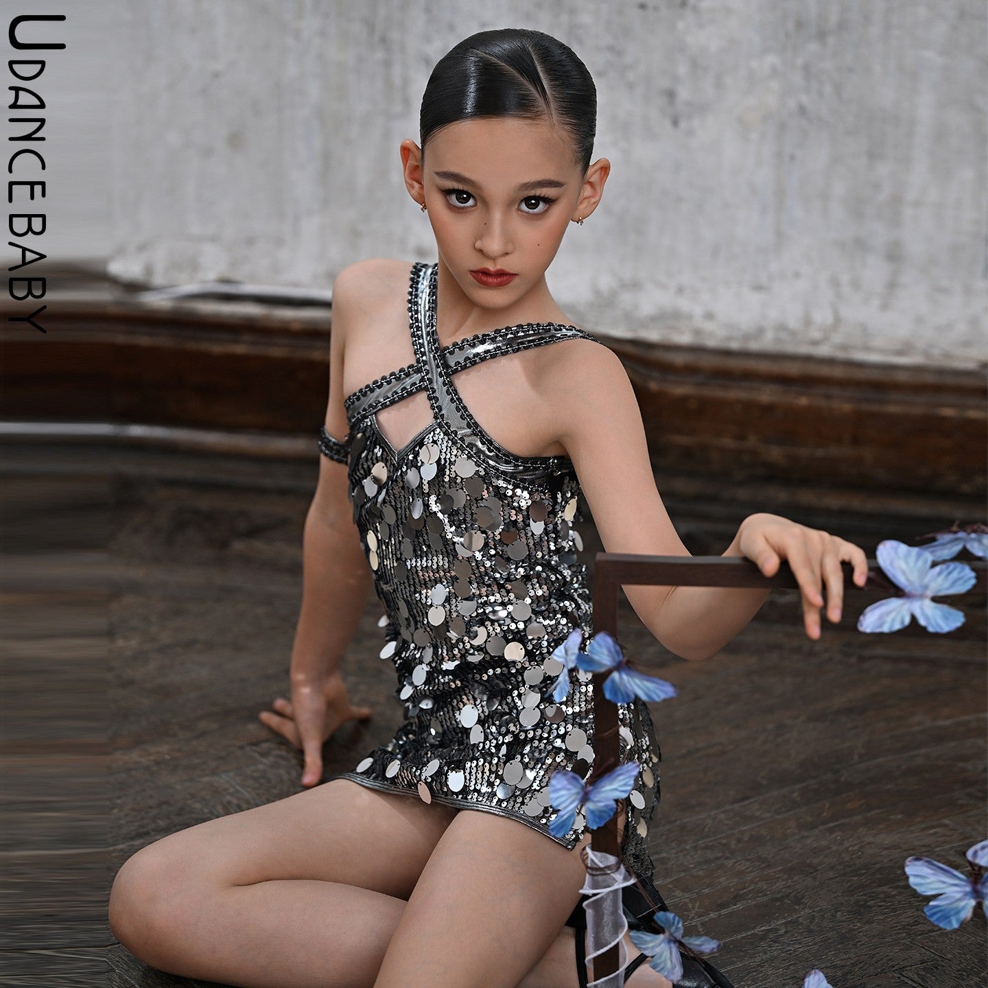 Udance【Glitter】Professional Latin Dance Competition Dress with Sparkle Performance Skirt US38