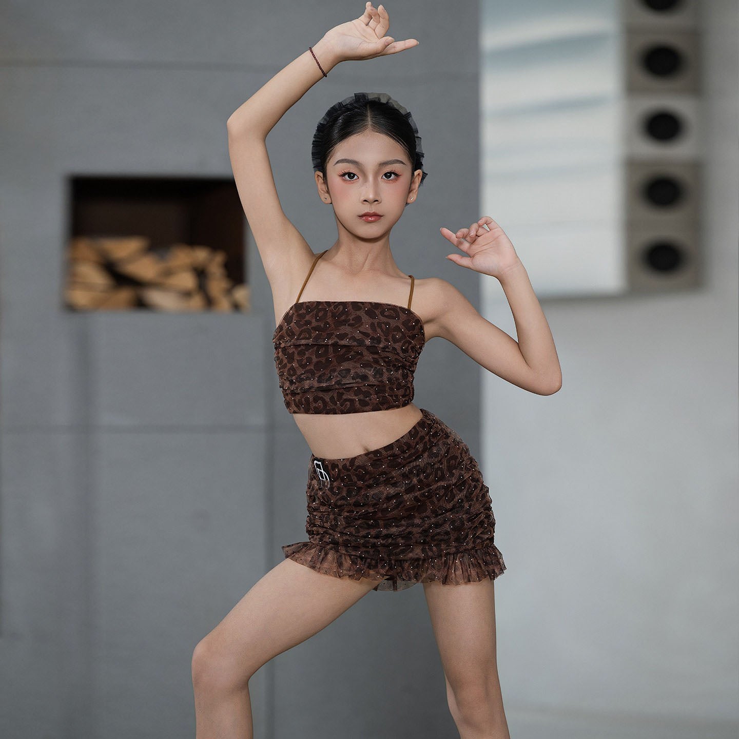 Udance New Latin Dance Dress Strap Practice Dress Girls' Performance Split Leopard Pattern Set D113