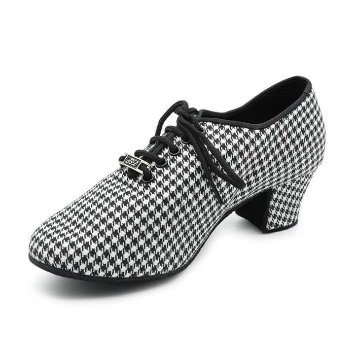 BD Dance Performance Women's Latin Dance Shoes Vintage Houndstooth Oxford Jazz Tango Ballroom Dancing Practice Teaching #T1-B
