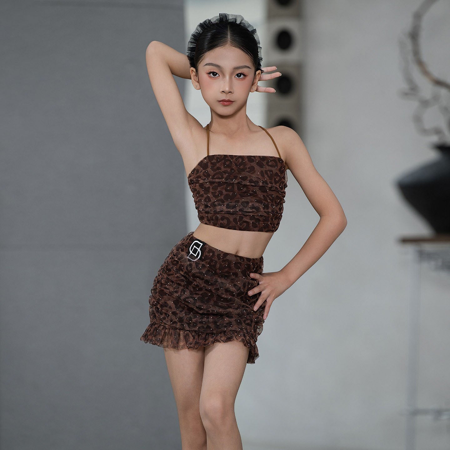 Udance New Latin Dance Dress Strap Practice Dress Girls' Performance Split Leopard Pattern Set D113