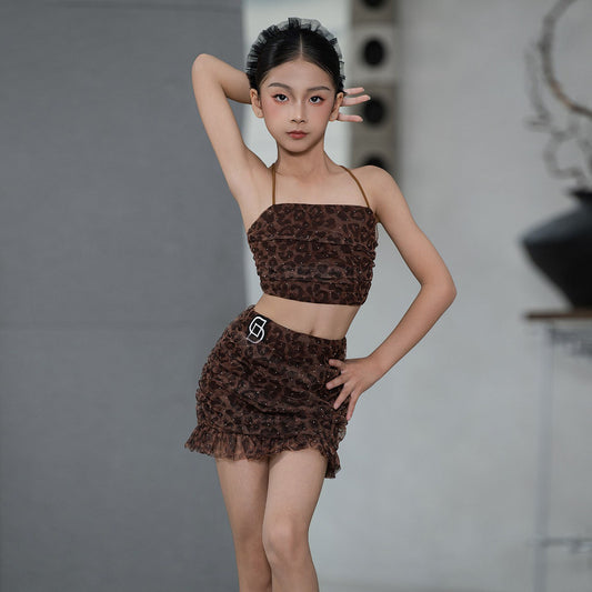 Udance New Latin Dance Dress Strap Practice Dress Girls' Performance Split Leopard Pattern Set D113