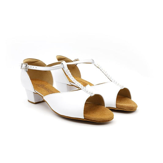 BD Dance Girl's Latin Dance Shoes Peep Toe Sandals Ballroom Jazz Waltz Dancing Practice for Kids White Leather, Low Heel, #601
