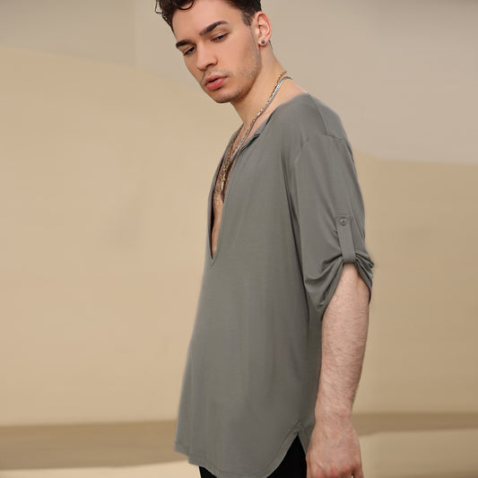 UDANCE Professional Standard Ballroom Men's Latin Dance Shirt Eco-Friendly Recycled Deep V-Neck Short Sleeve T-Shirt for Men A26