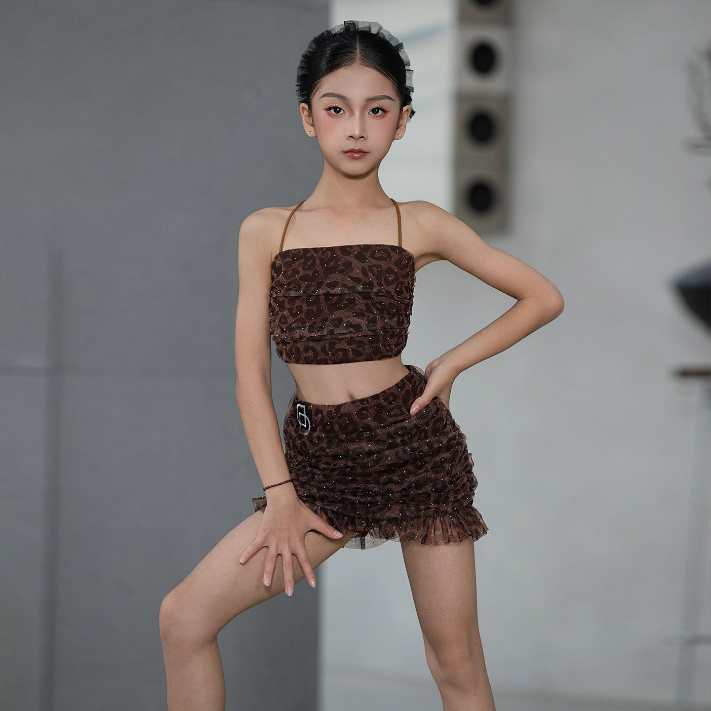 Udance New Latin Dance Dress Strap Practice Dress Girls' Performance Split Leopard Pattern Set D113