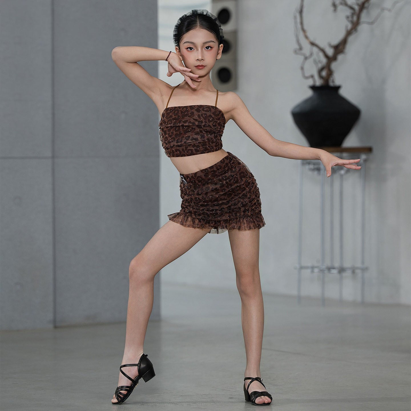 Udance New Latin Dance Dress Strap Practice Dress Girls' Performance Split Leopard Pattern Set D113