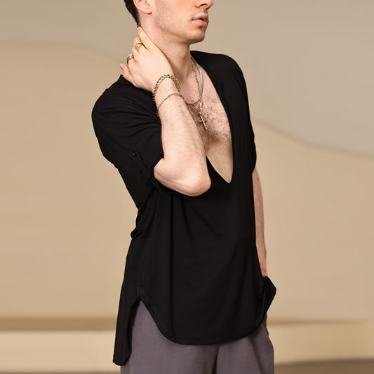 UDANCE Professional Standard Ballroom Men's Latin Dance Shirt Eco-Friendly Recycled Deep V-Neck Short Sleeve T-Shirt for Men A26