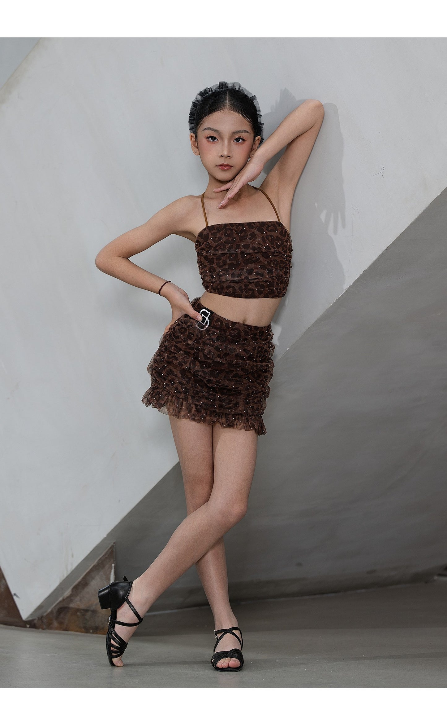 Udance New Latin Dance Dress Strap Practice Dress Girls' Performance Split Leopard Pattern Set D113