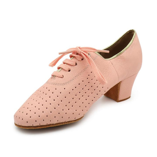 BD Dance Women's Practice Latin Dance Shoes Mesh Perforated Design Professional Ballroom Dancing Oxford Performance Pink Leather #T1-B
