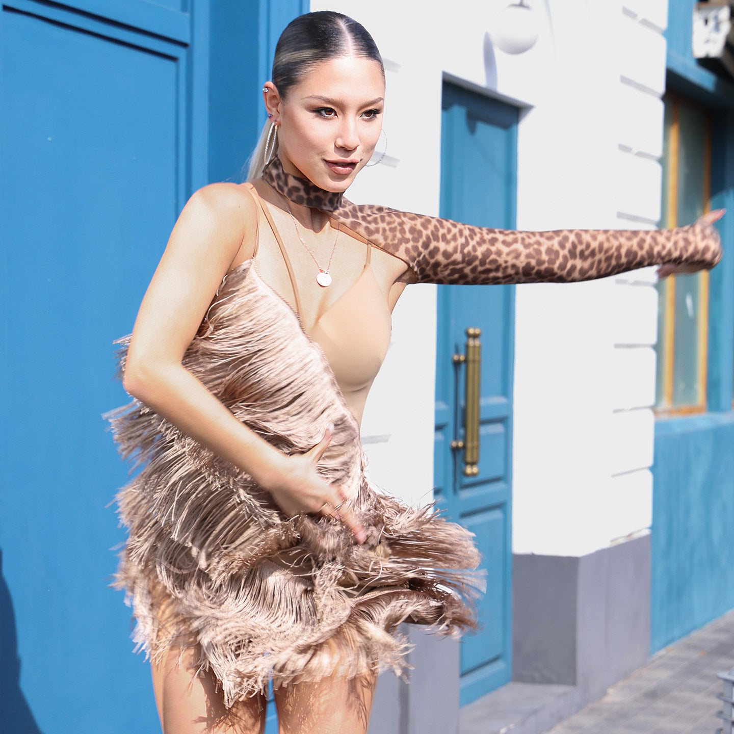 Udance Latin Dance Dress 2 Piece Set Leopard Print Dress and Single Shoulder Sleeve A105