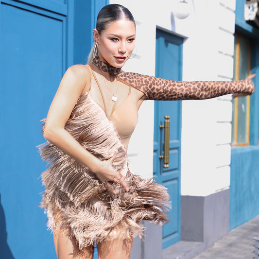 Udance Latin Dance Dress 2 Piece Set Leopard Print Dress and Single Shoulder Sleeve A105