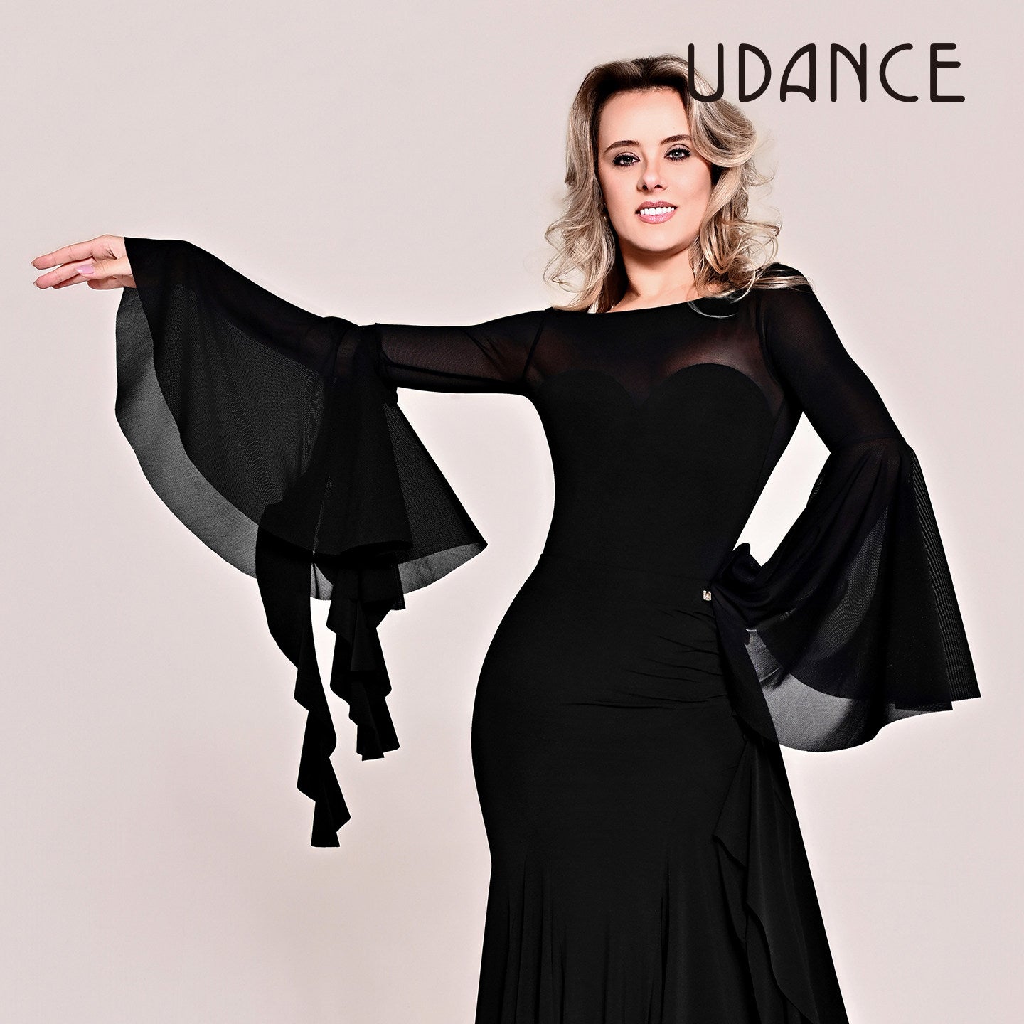 UDANCE 2026 Women's Ballroom Jumpsuit Mesh Ruffle Sleeve Leotard AMD11